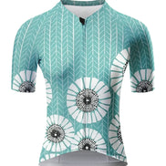 Teal Dandelion Chevron Print Short Sleeve Cycling Jersey