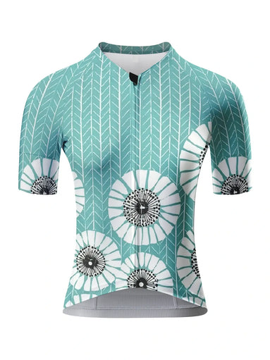 Teal Dandelion Chevron Print Short Sleeve Cycling Jersey