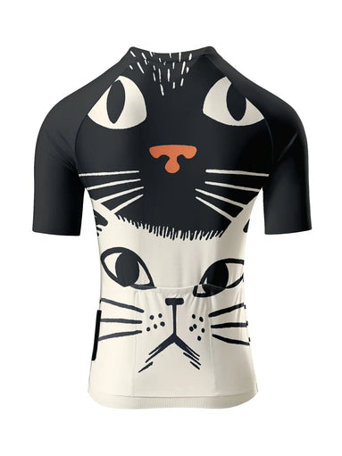 Retro Black White Double Cat Face Graphic Cycling Jersey