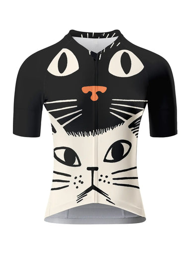 Retro Black White Double Cat Face Graphic Cycling Jersey